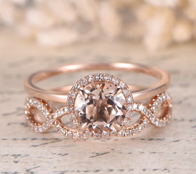 Peach Morganite Ring Set 14K Rose Gold Vermeil Morganite Engagement Ring Diamond Halo Ring 2pcs Bridal Ring Set Twist Wedding Band