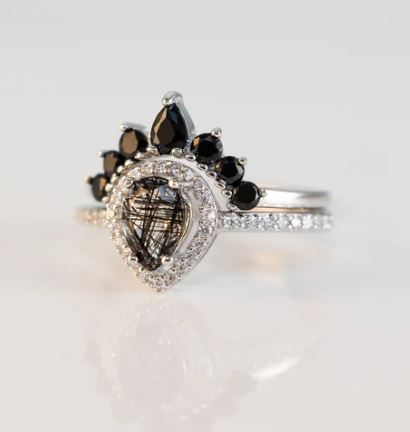 Natural Rutilated Quartz & Black Diamond Engagement Ring Set in 925 Sterling Silver - Gift For Her