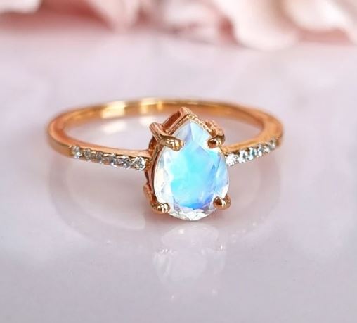 Pear Shaped Rainbow Moonstone Engagement Ring in 14K Yellow Gold Finish - Valentine Gift for Her