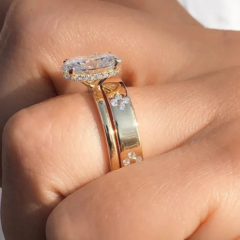Oval Diamond Engagement Ring Set For Her & Him Matching Wedding Band in 14K Yellow Gold Finish