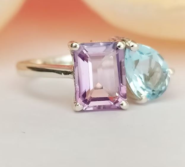 Stunning Toi and Moi Ring - Lavender Amethyst & Blue Topaz Multi Ring in 925 Sterling Silver