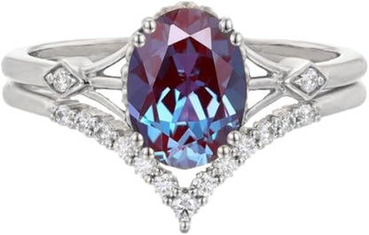 Alexandrite & Diamond Ring Set- Sterling Silver Oval Engagement Rings For Women