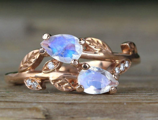 Moonstone Engagement Ring in 14K Rose Gold Finish - Leaf Band Moonstone Ring Proposal Ring For Her