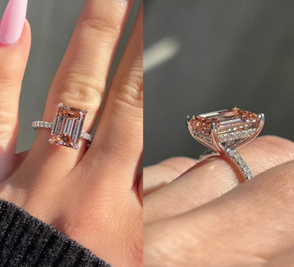 Peach Morganite Emerald Cut Engagement Ring in Sterling Silver - Hidden Halo Anniversary Ring For Woman