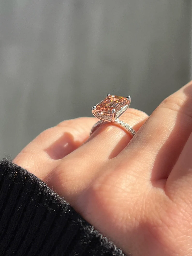 Peach Morganite Emerald Cut Engagement Ring in Sterling Silver - Hidden Halo Anniversary Ring For Woman