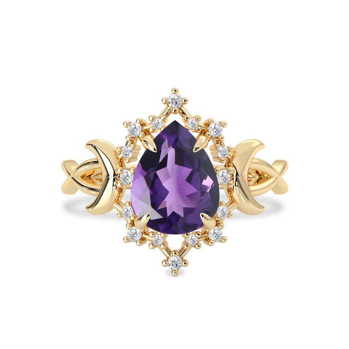 Pear Cut Amethyst Alice Star & Moon Magic Engagement Ring in 14k Yellow Gold Vermeil - Gift For Her