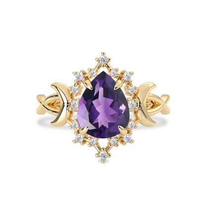 Pear Cut Amethyst Alice Star & Moon Magic Engagement Ring in 14k Yellow Gold Vermeil - Gift For Her