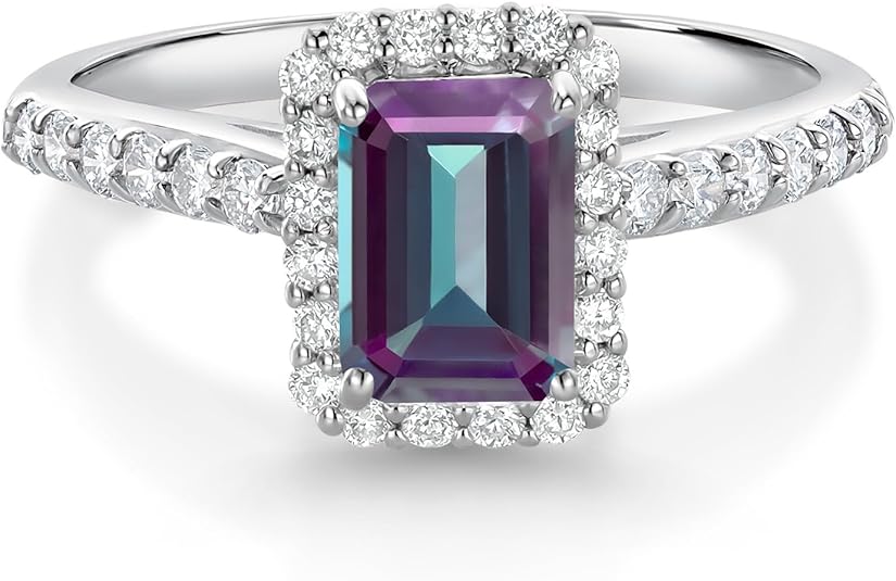 Alexandrite and Diamond Halo Engagement Wedding Ring For Women in Sterling Silver - June Birthstone