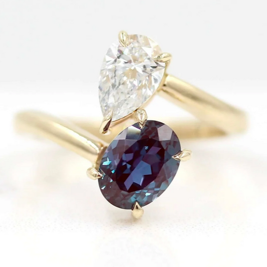 Toi et Moi Alexandrite and Diamond Bypass Ring in 14K Yellow Gold Finish