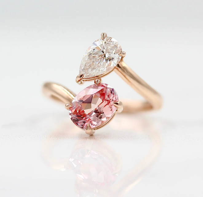 Toi et Moi Diamond and Peachy 14K Rose Gold Finish Pink Sapphire Bypass Ring